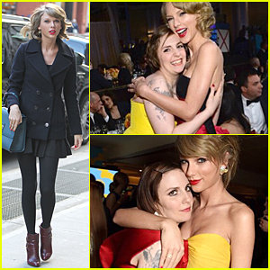 Taylor Swift & Lena Dunham Swap Red & Yellow Dresses at Golden Globes 2015 Party