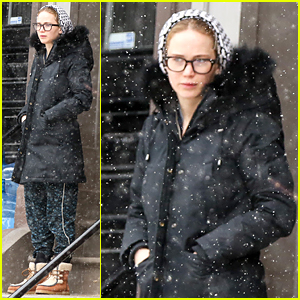 Jennifer Lawrence Sports Hipster Eyeglasses in Snowy Boston