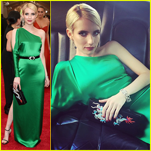Emma Roberts Does Her Best To Not Wrinkle Her Ralph Lauren Gown at Met Gala 2015!