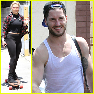 Witney Carson Skateboards To DWTS Tour Practice with Val Chmerkovskiy