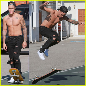 Justin Bieber Strips Off His Shirt for Studio Skateboarding Session!