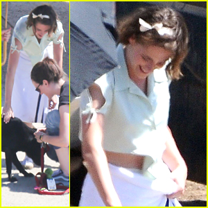 Kristen Stewart Plays With A Dog While Filming On Woody Allen Film With Jesse Eisenberg