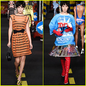 Bella Hadid Carries A Giant Windex Prop For Moschino Fashion Show in Milan