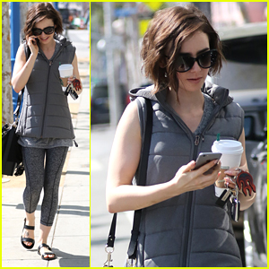 Lily Collins Shows Off Glittery Eye Shadow Before Sunday Workout