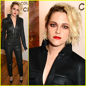 Kristen Stewart Sports Bold Red Lip with Her Black Outfit