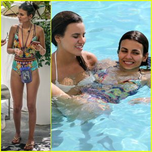 Victoria Justice Sports Colorful Swimsuit for Miami Pool Day