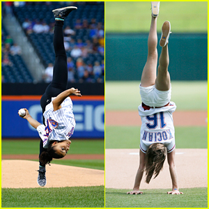 Laurie Hernandez & Madison Kocian Show Off Gymnastic Skills at MLB Games