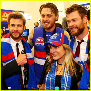 Liam Hemsworth & Brother Chris Meet the Bulldogs After AFL Win!
