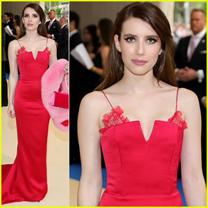 Met Gala 2017: Emma Roberts Stuns in Spaghetti-Strapped Red Gown
