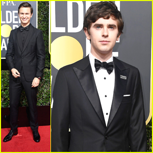 Nominees Ansel Elgort & Freddie Highmore Suit Up For Golden Globes 2018