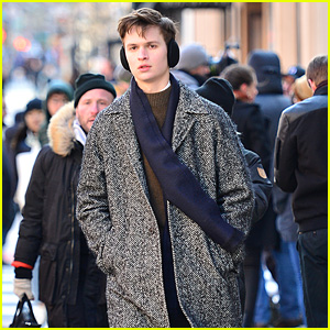Ansel Elgort Stays Warm After Filming Scenes on the Set of 'The Goldfinch'