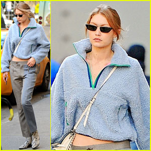 Gigi Hadid Stays Warm in a Fuzzy Blue Sweater While Out in NYC