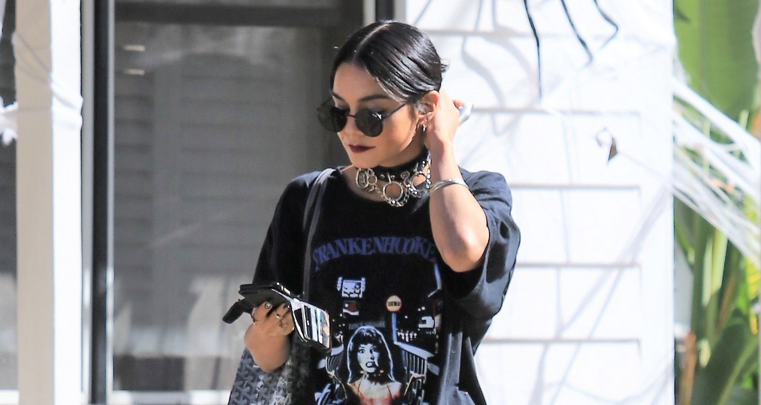 Vanessa Hudgens Pairs Halloween T Shirt With Spiderweb Tights While Visiting A Friend Vanessa