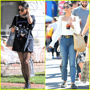 Vanessa Hudgens Pairs Halloween T-Shirt With Spiderweb Tights While Visiting a Friend