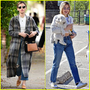 Lucy Hale Looks Chic in Long Checked Coat While Out to Lunch