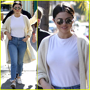 Selena Gomez Dons Long Cream Cardigan for Lunch in Long Beach