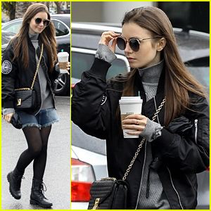 Lily Collins Warms Up With Starbucks On Rainy Day