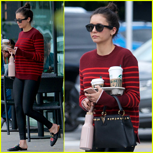 Nina Dobrev Sports Striped Sweater for Starbucks Stop