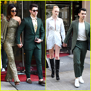 Joe & Nick Jonas Both Wear Green Suits While Heading To Dinner With Wives in Paris