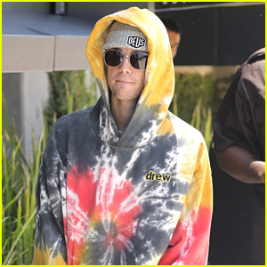 Justin Bieber Hides Inside A Tie-Dye Hoodie in Los Angeles