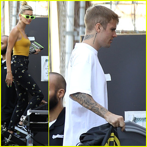 Hailey Bieber Wears Neon Green Glasses To The Studio With Husband Justin Bieber