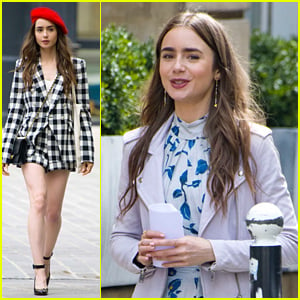 Lily Collins Wears a Red Beret For 'Emily in Paris' Filming