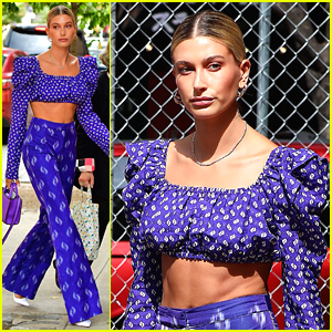 Hailey Bieber Shows Off Her Abs In Bright Blue Outfit