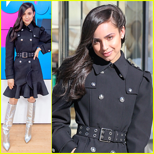 Sofia Carson Wears Sparkling Silver Boots For Interviews in NYC