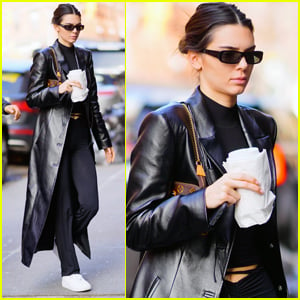 Kendall Jenner Wears Long Leather Coat for Lunch in NYC