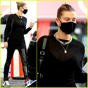 Stunning Hailey Bieber rocks black latex leggings and leather