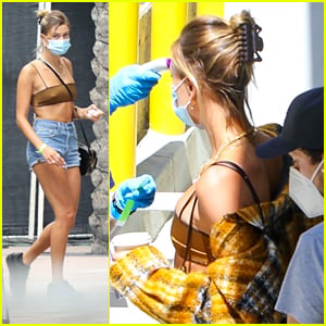 Hailey Bieber Get Her Temperature Checked Before Joining Husband Justin On Set of a Secret Project