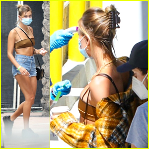 Hailey Bieber Get Her Temperature Checked Before Joining Husband Justin On Set of a Secret Project