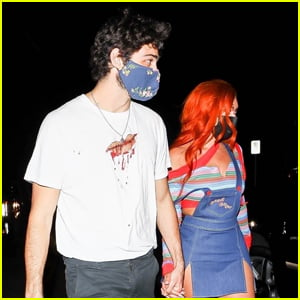 Noah Centineo & Stassie Karanikolaou Hold Hands Arriving at Halloween Party Together!