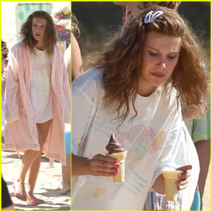 Millie Bobby Brown Hangs Onto Her Ice Cream On the Set of 'The Electric State'