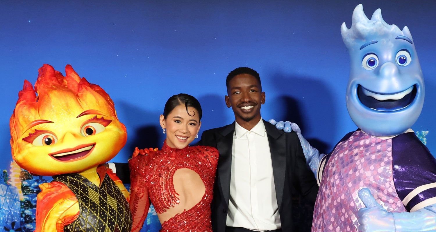 Leah Lewis & Mamoudou Athie Pose With Their Characters at ‘Elemental’ LA Premiere