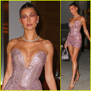 Hailey Bieber Rocks an Ultra-Femme Dress for a Night Out in NYC