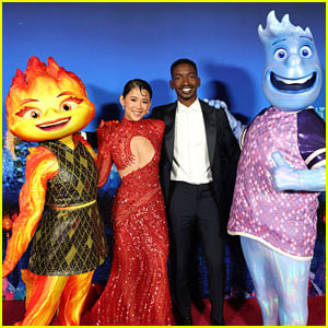 Leah Lewis & Mamoudou Athie Pose With Their Characters at 'Elemental' LA Premiere